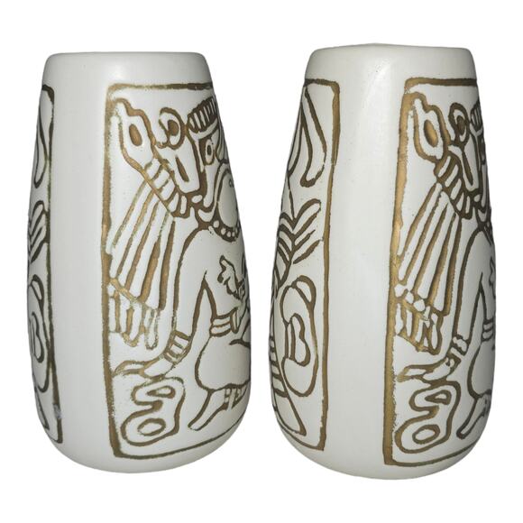 Vintage Mid-Century Mayan Aztec Native Design Vase Pair Cream Gold USA Made - Picture 6 of 16